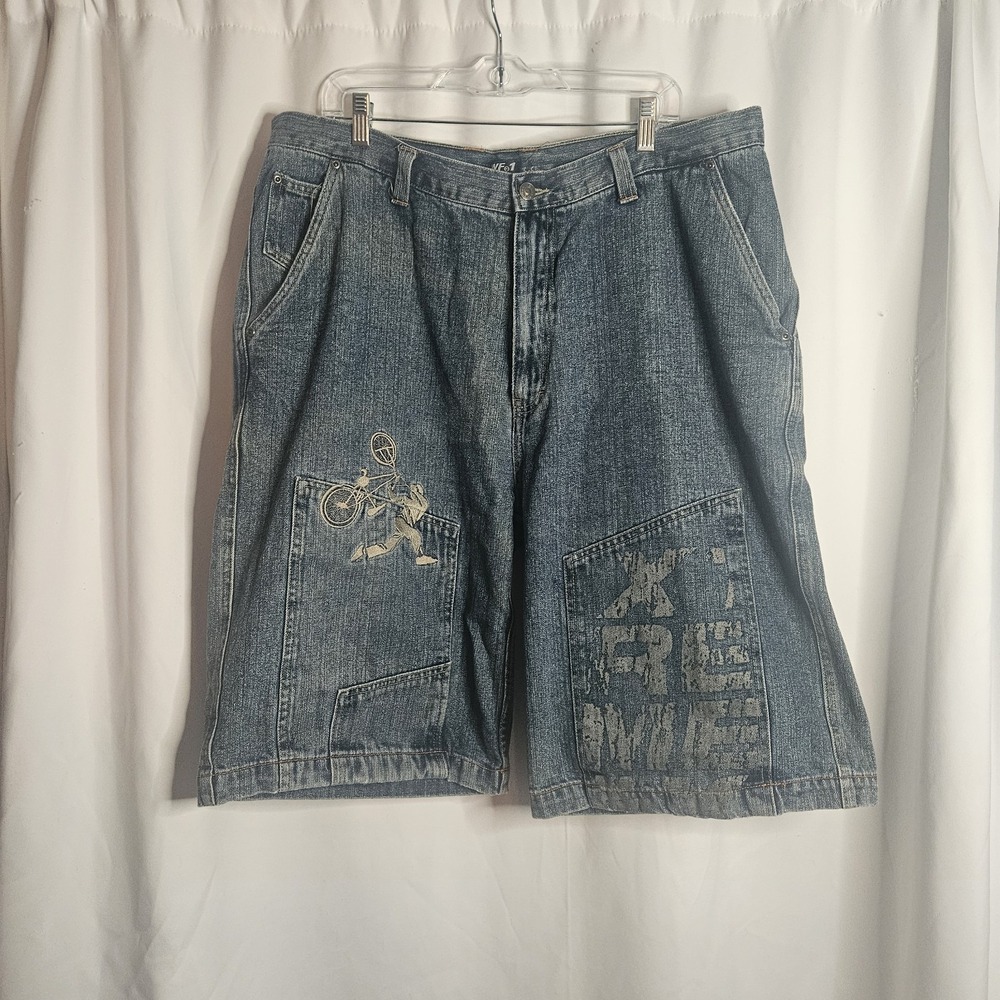 VINTAGE BMX STUNT BIKE WF 1 EMBROIDERED JEAN SHORTS 40 BAGGY STREET MENS Y2K‎